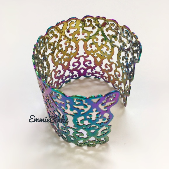 New Hollowed Out Scroll Metal Oil Slick Holographic Cuff Bracelet - Picture 5 of 16